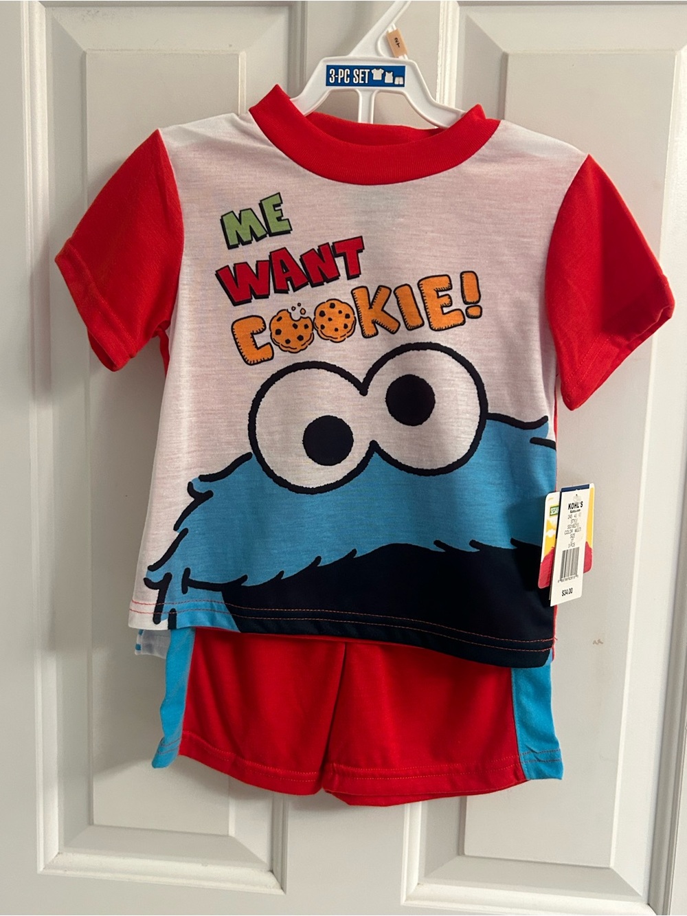 NWT-Toddler Boys Sesame Street Red White Blue Cookie Monster 3- Piece Pajama Set